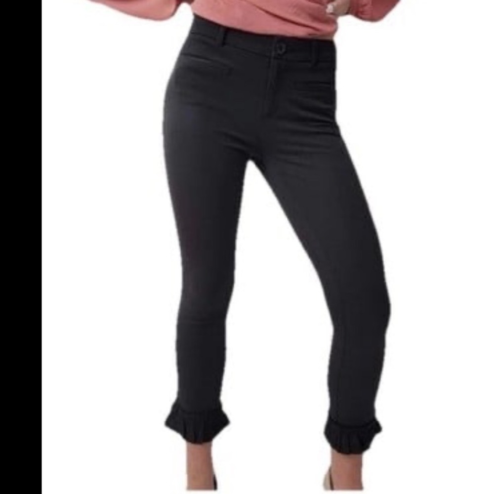 Cartonnier Anthropologie Black Ruffle Hem Cropped‎ Pants Trousers Womens 12 NEW